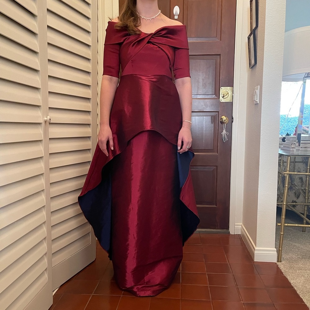 Shawl top fully lined gown with over skirt and peakabo contracting color
